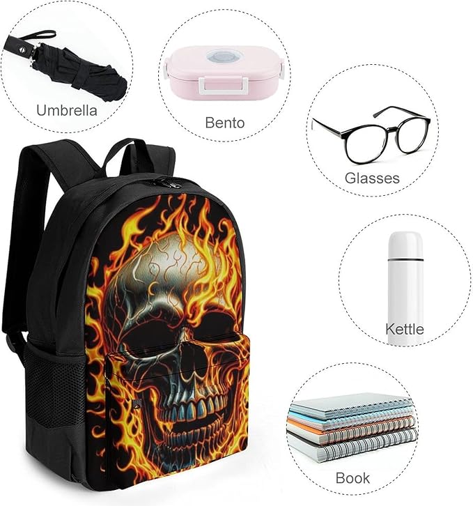 Lightweight Rucksacks for Camping Picnic Walking Cycling, Large Capacity Multipurpose Anti-Theft Carry On Bag, Flaming Fire Skull Travel Hiking Camping Rucksack