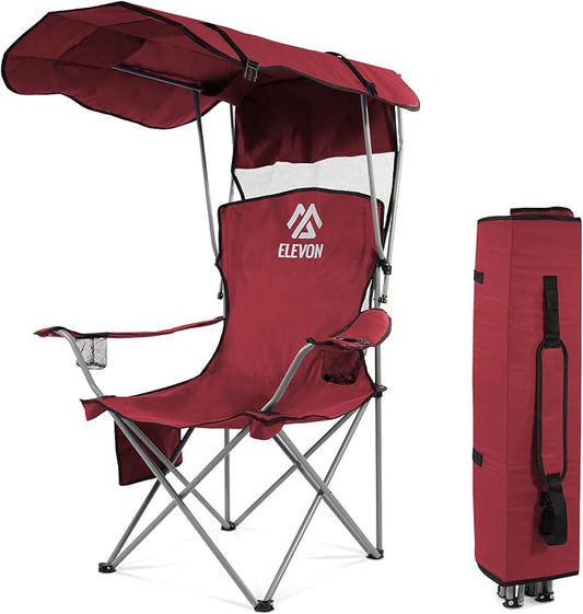 Elevon Camping Chair, Oversized Folding Chair with Canopy, Portable Outdoor Chair with Arms, Cup Holder and Carry Bag for Camping, Fishing, Beach, and Sports, Red