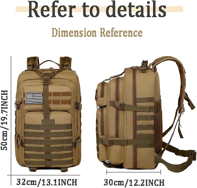 45L Military Tactical Backpack for Men, Large 3-Day Assault Pack MOLLE Rucksack, Waterproof Survival Bug Out Bag for Hiking, Camping, Hunting, Gym & Work, Includes US Flag Patch - Stealth Black