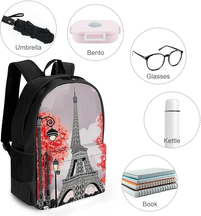 Supdreamc Daypack Backpack Polyester Anti-Theft Multipurpose Paris European City Landscape France Eiffel Tower Oil Art Bookbag Big Capacity Travel Hiking Camping Rucksack With Smooth Zippers