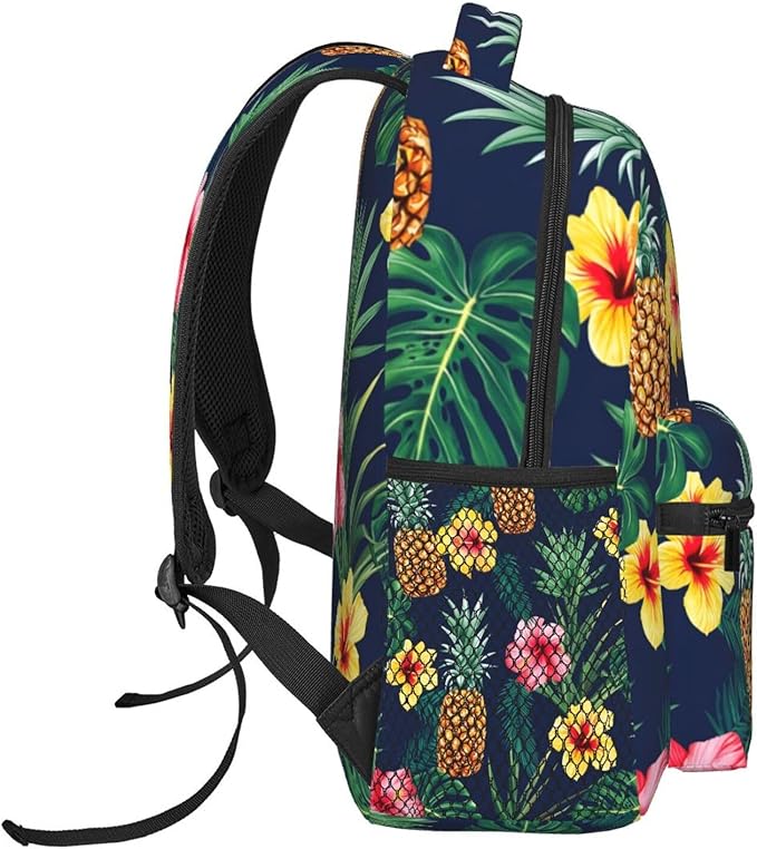 Polyester Daypack Backpack for Climbing Outdoors Running, Big Capacity Multipurpose Anti-Theft Bookbag, Hawaiian Flower Party Pineapple Art Travel Hiking Camping Rucksack