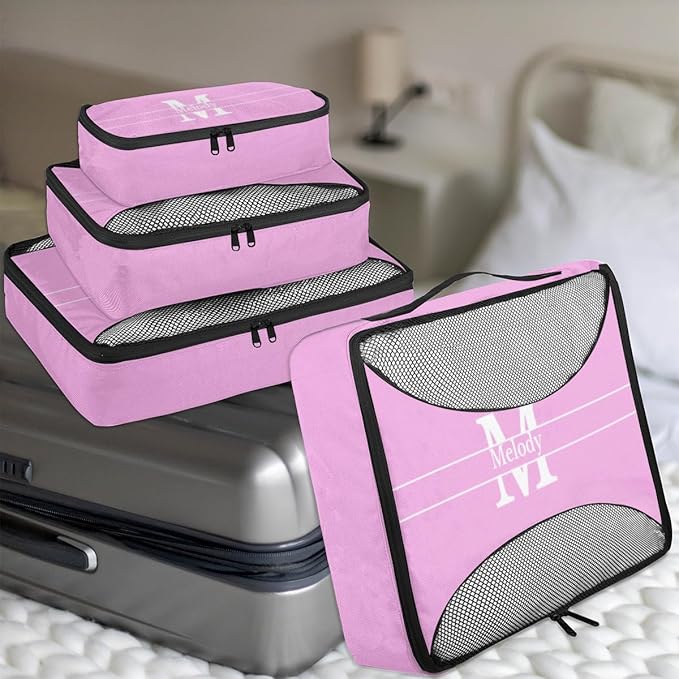 Personalized Name 4 Set Packing Cubes Pink Luggage Packing Organizers Travel Accessories for Women Girls with Initial Letter
