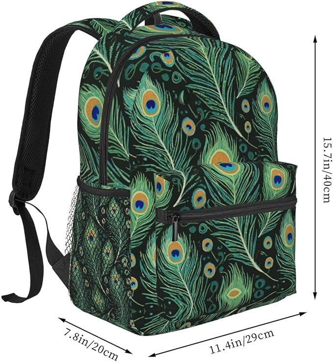 Men Women Lightweight Chic Animal Beautiful Peacock Feather Green Art Backpack Large Capacity Bookbag With Smooth Zippers for Gym Business Running