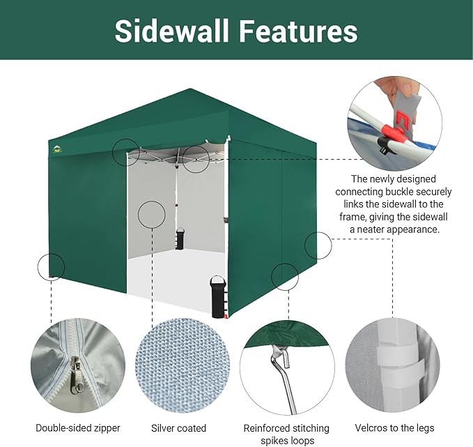 CROWN SHADES 10X10 Comercial Instant Canopy Pop Up Tent with Center Lock (10x10 with 4 Sidewalls, Forest Green)