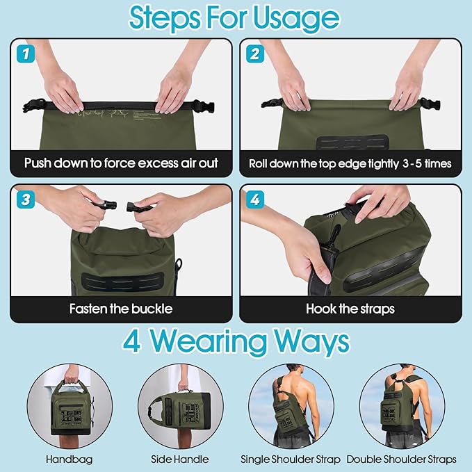 Dry Bag Waterproof,5L/10L/20L/30L Roll Top Dry Bag Backpack with WaterProof Phone Case for Swim,Kayak(Army Green 30L)