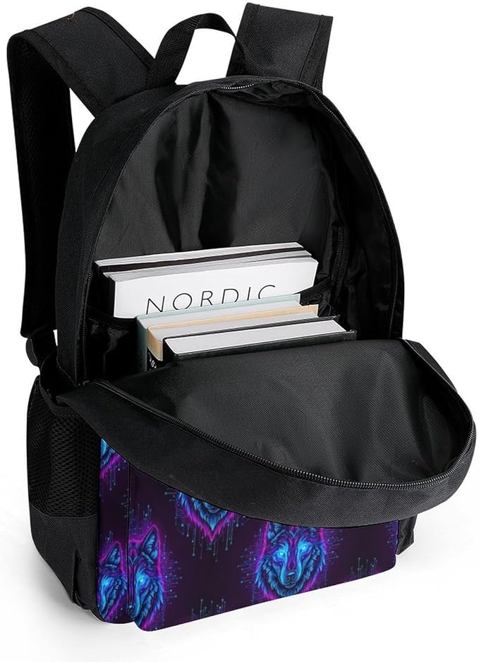 Supdreamc Polyester Daypack Backpack for Sports Travel Running, Big Capacity Anti-Theft Multipurpose Carry On Bag, Neon Wolf Laptop Book Bag Rucksack