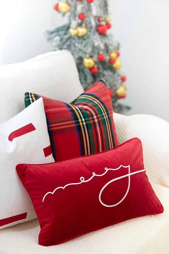 Hofdeco Premium Classic Christmas Holiday Winter Heavy-Weight Canvas Decorative Lumbar Pillow Cover ONLY for Couch, Sofa, Bed, Scottish Tartan Plaid with Sherpa Back, Red, 12"x20"