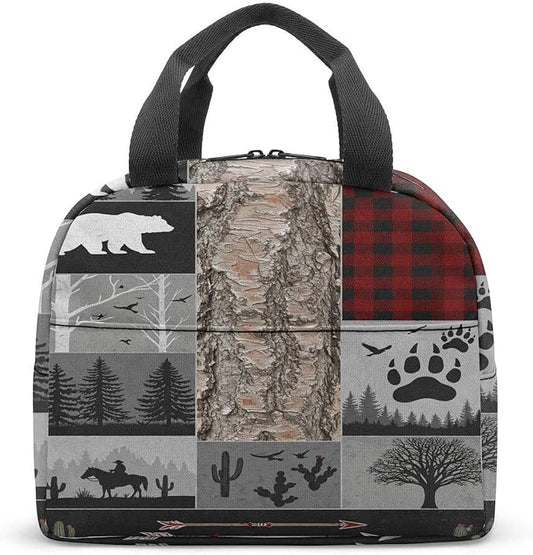 Western Retro Denim Insulated Lunch Bag Bear Deer Bird Nature Landscape Cactus Thermal Tote Portable Size (02)