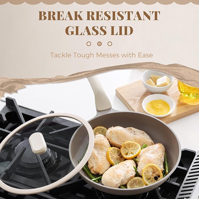 PRICUSIS Nonstick Frying Pan with Lid, Healthy Skillet, Egg Pan Nonstick Omelet Pan Chef's Pan, PFOA & PTFE Free, Induction Compatible (10 Inch W/L Natural Linen)