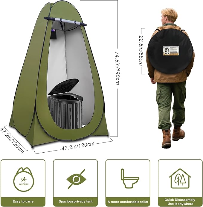 Camping Portable Toilet with Pop-Up Privacy Tent, Upgraded 15'' Height Folding Camping Toilet for All Ages, Outdoor Camping Portable Shower Enclosure Changing Tent