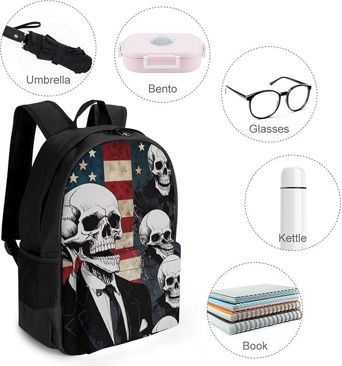 Men Women Lightweight Skull American Flag Blue Red White Backpack Large Capacity Carry On Bag With Padded Straps for Sports Work Walking Cycling