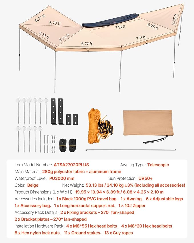 VEVOR 270 Degree Awning, 133 sq.ft Driver Side Vehicle Awning, Waterproof UV50+ Car Side Awnings with Carry Bag, All-Weather Free-Standing Overland Awnings Car Shelter for SUV Van Truck Camping
