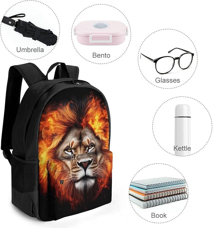 Men Women Polyester Cool Flaming Lion Fire Art Backpack Large Capacity Bookbag With Smooth Zippers for Climbing Picnic Bicycle