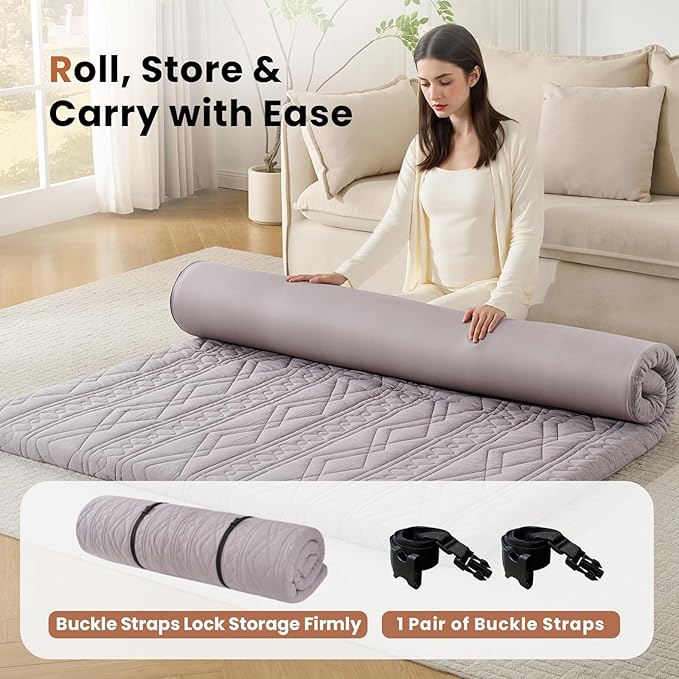Japanese Floor Mattress Futon Mattress, 100% Cotton Washable Cover, Roll Up 2.5" Thick Tatami Mat, Portable & Foldable Floor Bed Mattress for Sleeping, Guest Room, Dormitory (Full, Grey)
