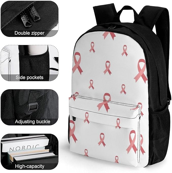 Supdreamc Lightweight Daypack Backpack for Trekking Work Running, Big Capacity Multipurpose Anti-Theft Bookbag, Breast Cancer Awareness Pink Ribbons White Business Computer Bag