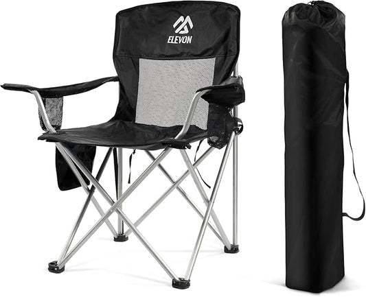 Elevon Camping Chair, Portable Folding Outdoor Chair with Arms, Cup Holder and Carry Bag