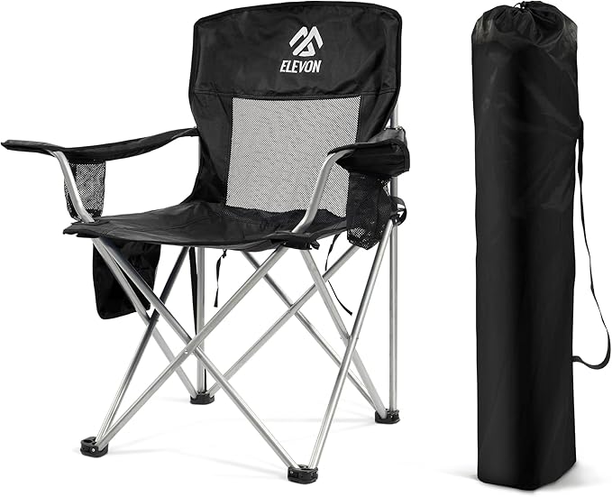 Elevon Folding Camping Chairs, Portable Outdoor Beach Chair for Adults with Carry Bag & Cup Holder, Foldable Lawn Chair with Mesh Backrest for Camp Fishing Hiking Travel Picnic Sports,