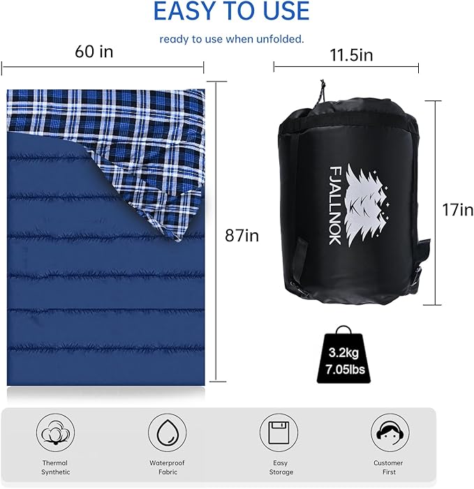 Double Sleeping Bag Cotton Flannel for Camping, Backpacking Or Hiking. Waterproof Queen Size Two Person Sleeping Bags for Adults Or Teens. Lightweight with Compression Sack