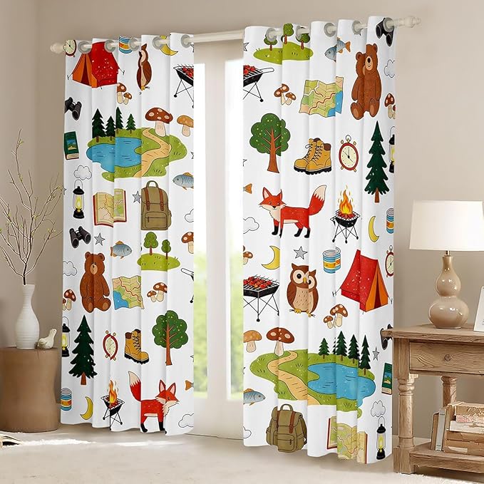 jejeloiu Camper Curtains for Bedroom Living Room Happy Camping Blackout Darkening Drapes Wild Animal Window Treatments, 2 Panels 42 x 63 Inch RV Camping Room Decor