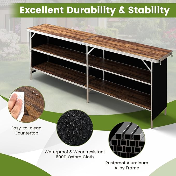 GOFLAME Folding Camping Table, Aluminum Portable Picnic Table w/ 2-Tier Open Shelves & Spacious Tabletop, Carrying Bag Included, Outdoor Large Kitchen Table for Picnic, BBQ, Party, Backyard, Coffee
