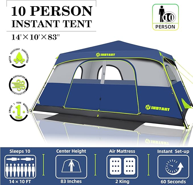 4/6/8/10 Person Instant Tent, Waterproof Pop Up Tents for Camping with Rainfly, 60 Seconds Easy Setup, Automatic Cabin Tent for Family Camping with Expandable Carry Bag & Upgraded Ventilation