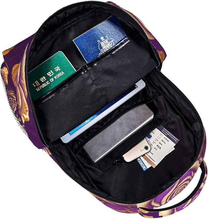 Rucksacks Multipurpose Anti-Theft Big Capacity Bookbag, Purple Gold Rose Art Travel Hiking Camping Rucksack With Padded Straps