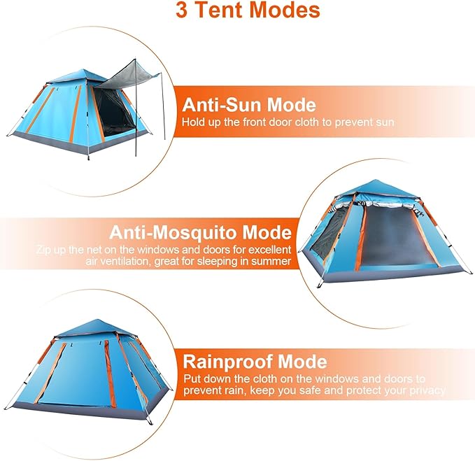 4-6 Person Pop-Up Camping Tent, Portable Instant Setup Family Tent with 2 Windows, for Hiking, Backpacking & Outdoor Adventures, Waterproof & Windproof