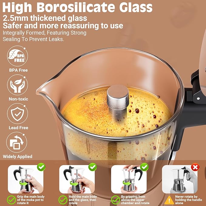 Induction Moka Pot, 6 Cups (10.6 oz) Crystal Glass-Top & Stainless Steel Moka Pot, Classic Stovetop Espresso Maker, Silver