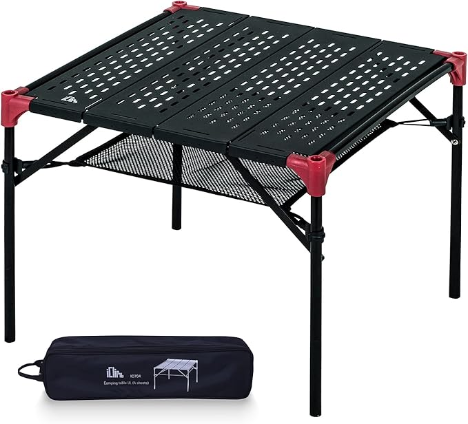 iClimb Extendable Folding Table Large Tabletop Area Ultralight Compact with Hollow Out Tabletop and Carry Bag for Camping Backpacking Beach Concert BBQ Party, Three Size (Black - S)