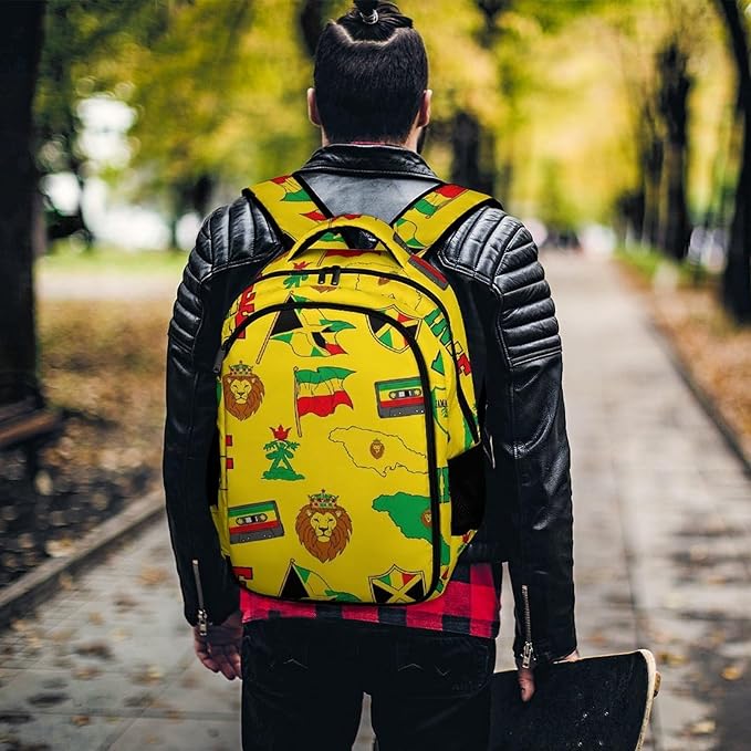 Sturdy Laptop Backpack Rasta Lion Jamaican Reggae Flag Map Magnetic Tape, Anti Theft Water Resistant Travel Business Bag with Water Bottle Pockets Gifts for Men Women