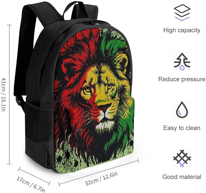 Supdreamc Rucksack Anti-Theft Multipurpose Big Capacity Carry On Bag, Rasta Flag Black Paint Splatter Lion Traveling Camping Backpack With Side Pockets