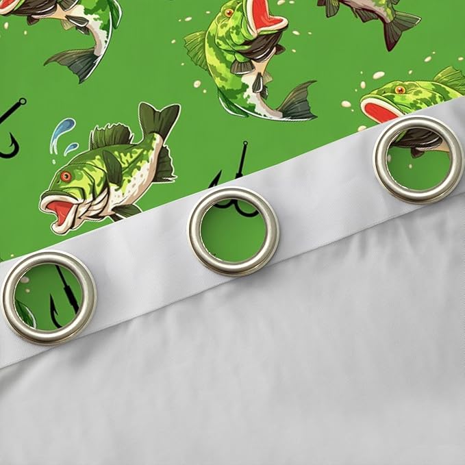 Manfei Fishing Blackout Curtains Green Pike Fish Window Drapes,Fishing and Hunting Theme Window Treatments,Kids Boys Girls Room Decor,Grommet Top 2 Panel Set Bedroom Curtains, 52Wx96L inch