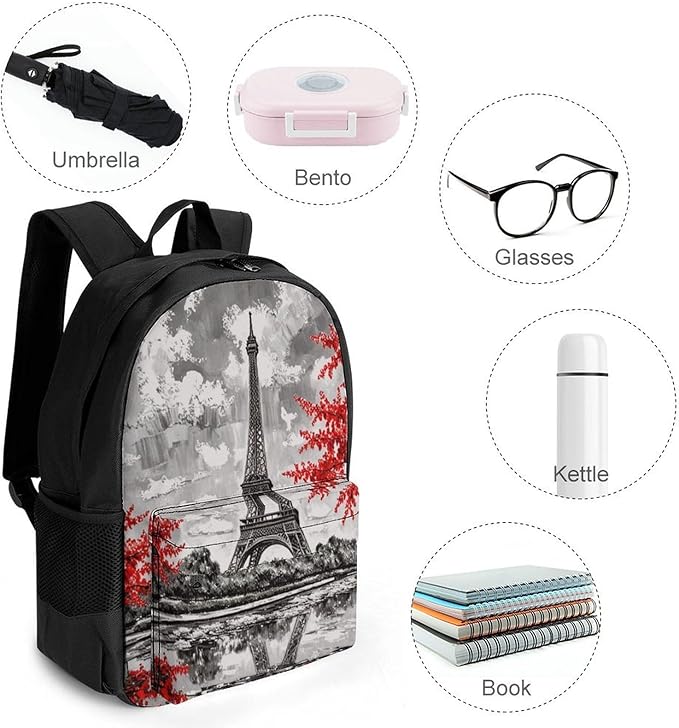 Supdreamc Men Women Lightweight Oil Painting Paris European City Landscape France Eiffel Tower Backpack Large Capacity Bookbag With Smooth Zippers for Gym Business Running
