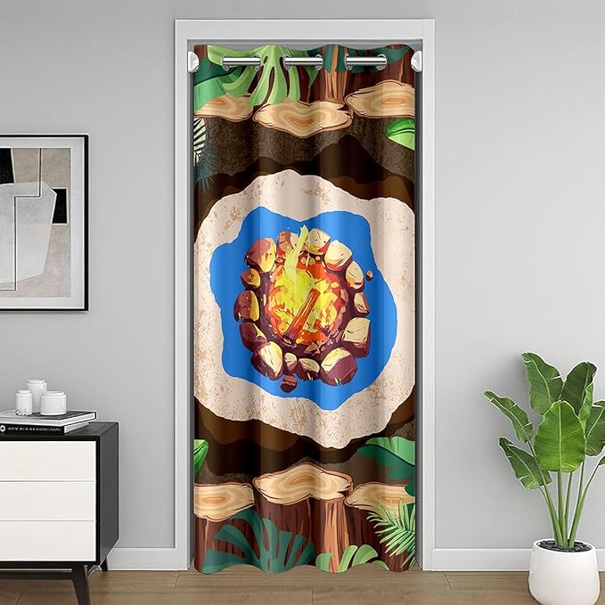 Camper Adventure Kids Door Curtain,Bonfire Campfire Camp Adventue Blackout Curtain,Palm Leaf Tropical Plant Rustic Bedroom Doorway Living Room Decor,Brown Privacy Door Drape 1 Panel,52" W X 80" L