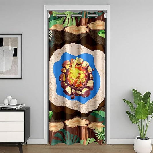 Camper Adventure Kids Door Curtain,Bonfire Campfire Camp Adventue Blackout Curtain,Palm Leaf Tropical Plant Rustic Bedroom Doorway Living Room Decor,Brown Privacy Door Drape 1 Panel,42" W X 84" L