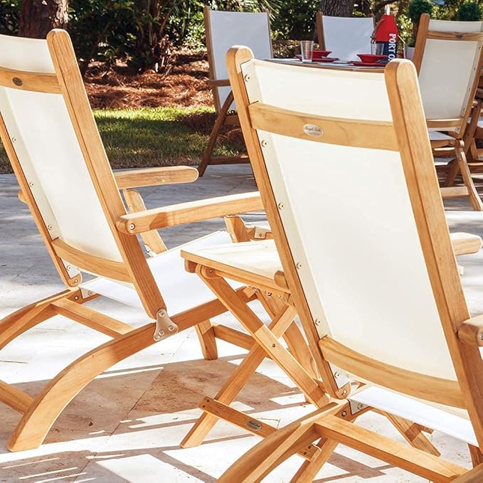 3-Piece Teak Patio Conversation Set with Sling Steamer Loungers & 20-Inch Square Folding Picnic Table (P137NV), Navy Sling