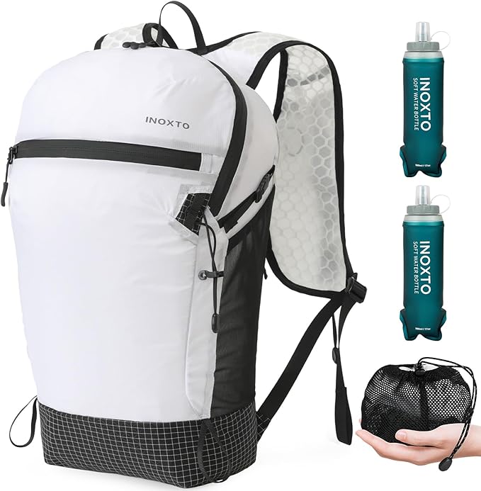 IX INOXTO Hiking Backpack 15L/22L Ultra Lightweight Packable Travel Backpack Small Waterproof Foldable Outdoor Day Pack with Two 500ML soft flasks for Men Women (White)