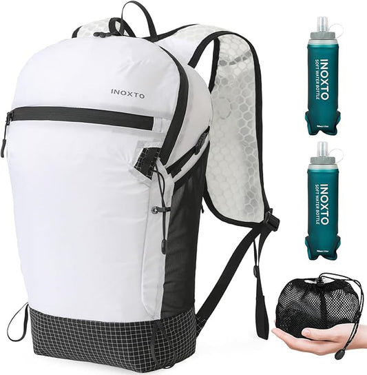 IX INOXTO Hiking Backpack 15L/22L Ultra Lightweight Packable Travel Backpack Small Waterproof Foldable Outdoor Day Pack with Two 500ML soft flasks for Men Women (White)