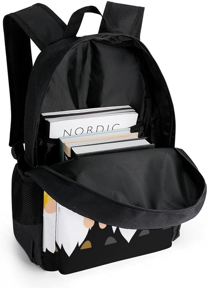 Men Women Lightweight Sunflower Bee Cute Cartoon Gnome Black Backpack Large Capacity Bookbag With Smooth Zippers for Gym Business Running