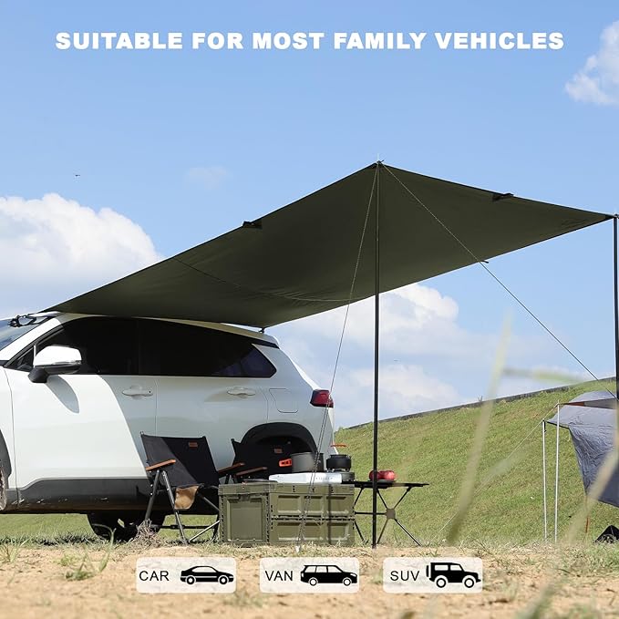 Portable Car Awning for SUV, Vehicle Awning for Camping Van Truck, Needn't Roof Rack Hardwares Waterproof UV50+ Army Green 10 x 6.56 ft