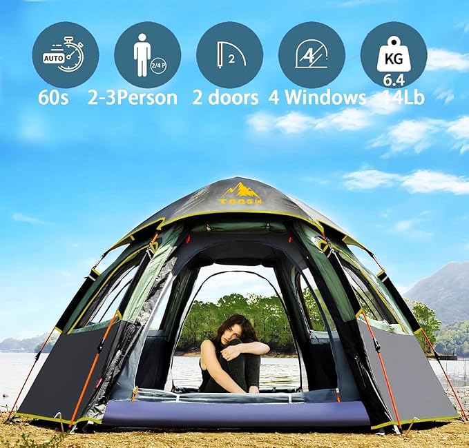 Camping Tent with Instant Setup, 2/3 Person Weatherproof Easy Quick Set Up in 60 Seconds with Rainfly Backpack Tent for Family Camping & Hiking, Upgraded Ventilation,Center Height 66-inch