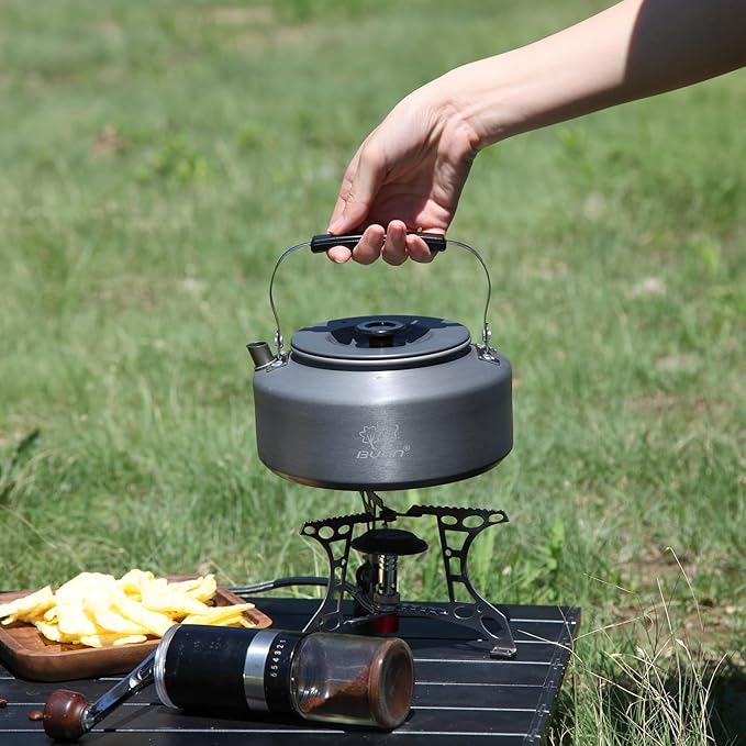 Bulin Camping Kettle, 1.6L Large Portable Stovetop Tea Kettle Fast Heating Boiling Hot Water for Open Fire Lightweight Coffee Pot with Anti-Scald Handle & Carry Bag for Outdoor Hiking Picnic Travel