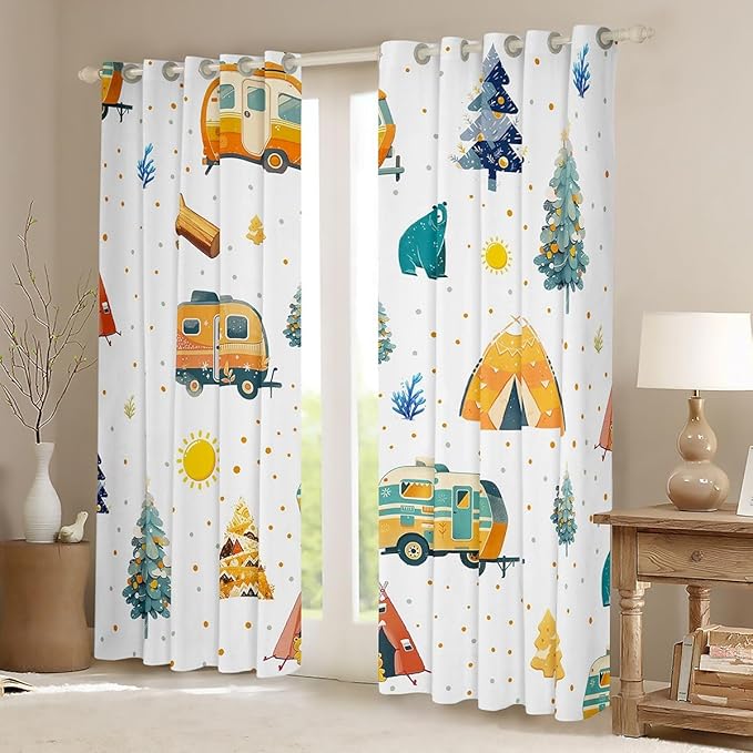 Feelyou RV Camping Camper Curtains for Bedroom Living Room Adventure Camper Blackout Darkening Drapes Happy Camping Window Treatments, 2 Panels 42 x 63 Inch Room Decor