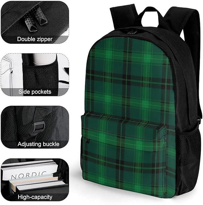 Adults Lightweight Black Green Scottish Tartan Plaid Shoulder Book Bags Big Capacity Shoulder Bag With Adjustable Shoulder Straps for Trekking Work Walking Cycling