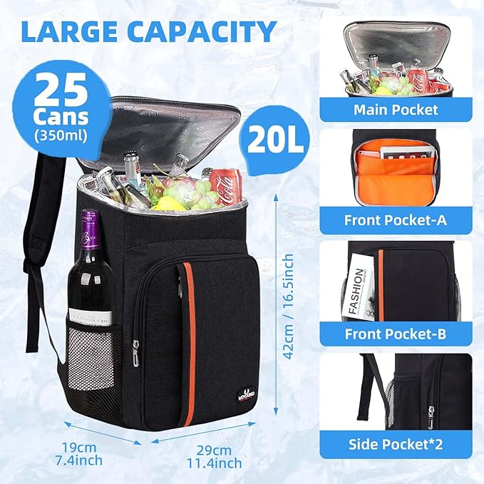 Camping Cooler Backpack 25 Cans, Leak Proof Insulated Thermal Bag, Beach Travel Picnic Lunch Backpack for Men Women