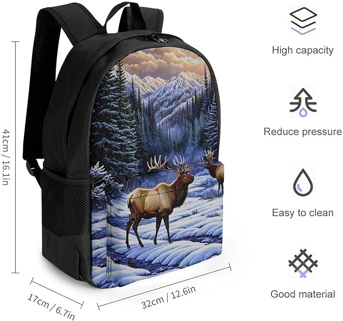 Supdreamc Casual Daypack Multipurpose Anti-Theft Large Capacity Carry On Bag, Elk Winter Snow Casual Daypack Climbing Shoulder Bag With Padded Straps