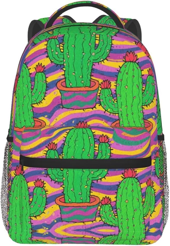 Men Women Polyester Psychedelic Cactus Art Backpack Large Capacity Bookbag With Smooth Zippers for Climbing Picnic Bicycle