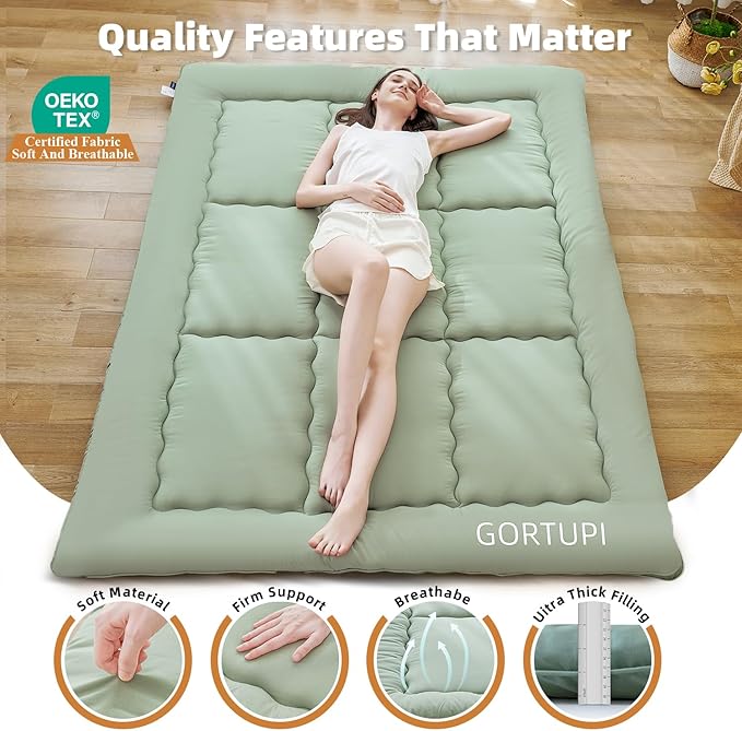 Twin Size Japanese Floor Futon Foldable Futon Mattress for Floor Tatami Mattress Portable Rollaway Bed for Guest Playmat for Kids Tatami Sleeping Pad Japanese Mattress for Adults Green A