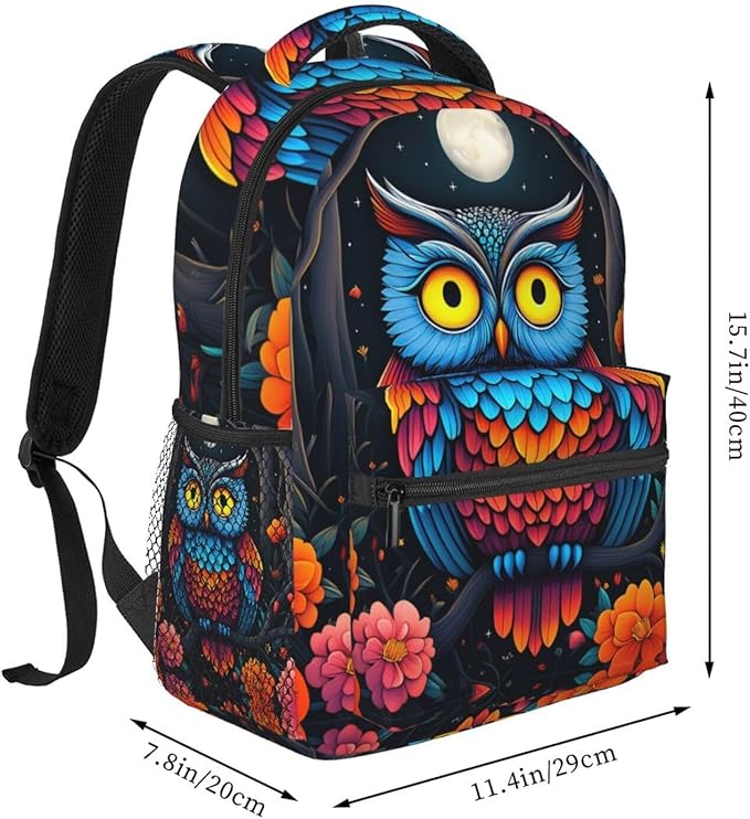 Polyester Daypack for Camping Travel Walking Cycling, Big Capacity Anti-Theft Multipurpose Bookbag, Trippy Owl Red Floral Moon Art Camping Outdoor Backpack