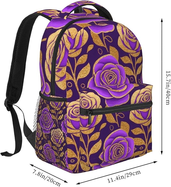 Rucksack Anti-Theft Multipurpose Big Capacity Carry On Bag, Purple Gold Rose Art Traveling Camping Backpack With Side Pockets